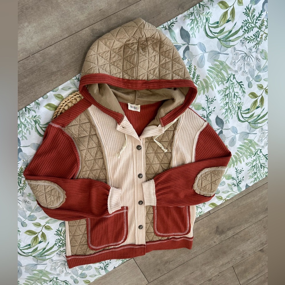 New BiBi Women’s Thermal Quilted Waffle Sweater Patchwork Shacket Jacket Size SM - Picture 13 of 16
